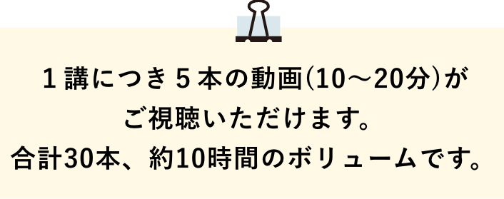 １講につき５本の動画(10〜20分)が ご視聴いただけます。 合計30本、約10時間のボリュームです。